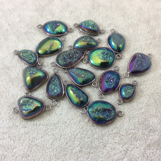 Gunmetal Plated Rainbow Titanium Druzy Agate Random Freeform Shaped Bezel Connector - Measuring 14-18mm, Approx. - Individual, Random