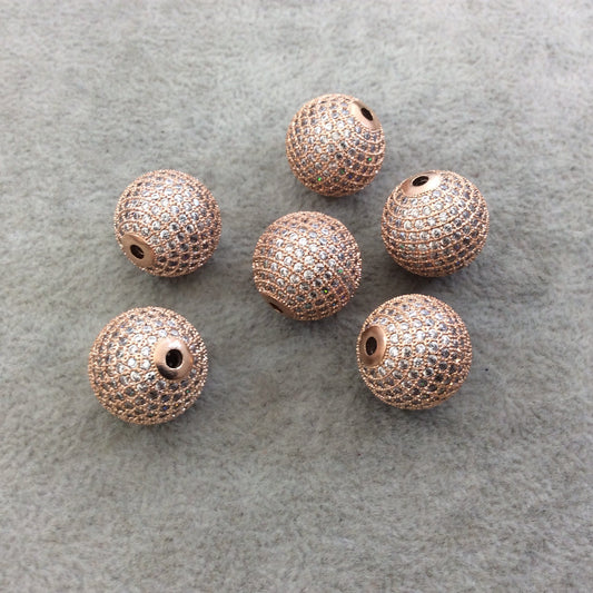 16mm Rose Gold Plated CZ Cubic Zirconia Inlaid Round/Ball Shaped Copper Bead with 2.5mm Holes - Sold Individually - Other Colors Available!