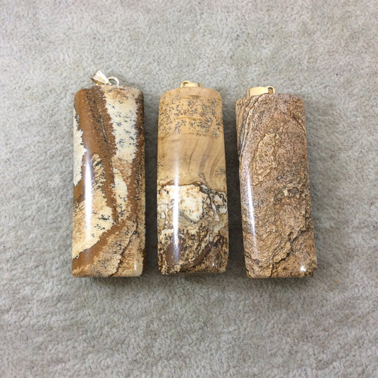 Natural Picture Jasper Flattened Cylinder Shaped Pendant with Gold Plated Bail - Measuring 20mm x 58mm, Approx. - Sold Individually, Random