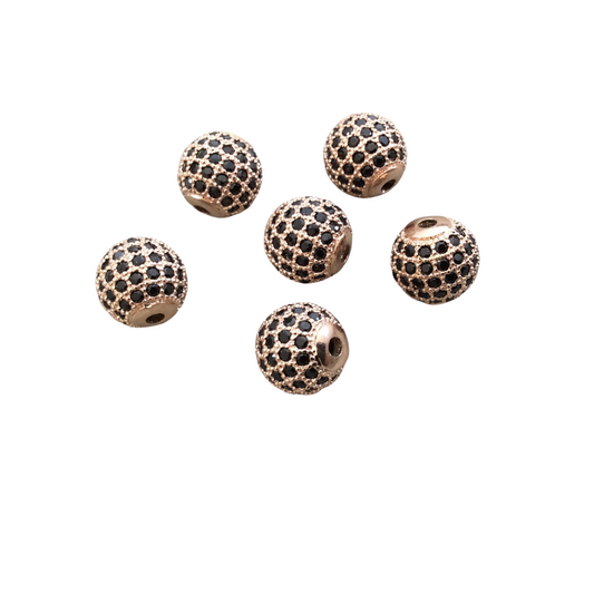 10mm Rose Gold Plated CZ Cubic Zirconia Inlaid Round/Ball Shaped Copper Bead with 2mm Holes - Sold Individually - Other Colors Available!