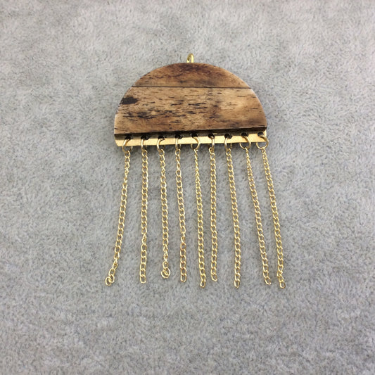 2" Medium Brown Jellyfish Shaped Natural Bone Pendant with Gold Plated Chains - Measuring 52mm x 31mm, 45mm Long Chains