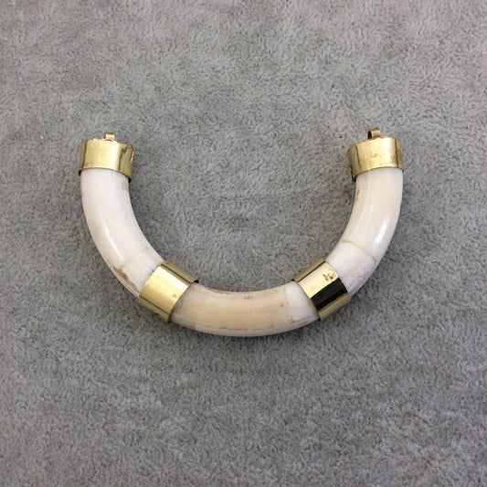 3.5" White/Ivory Alternating Bail U-Shaped Crescent Natural Ox Bone Focal Pendant with Gold Brackets - Measuring 86mm x 50mm