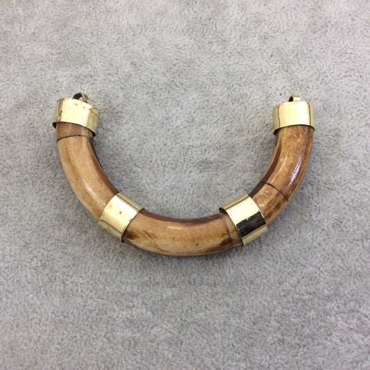 3.5" Light Brown Alternating Bail U-Shaped Crescent Natural Ox Bone Focal Pendant with Gold Brackets - Measuring 86mm x 50mm