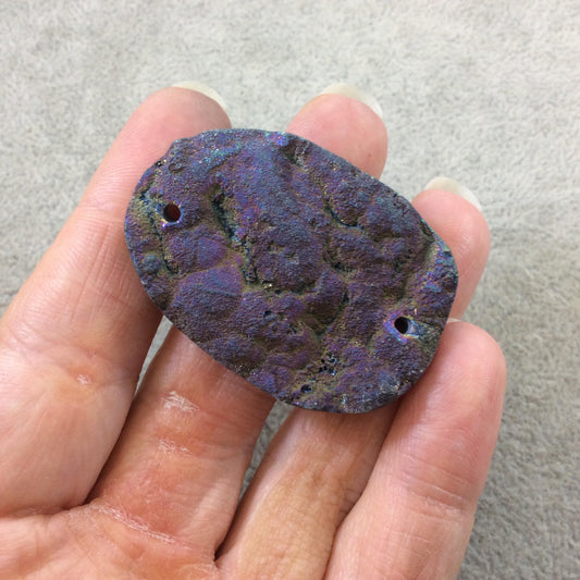 OOAK Rainbow Titanium Freeform Oval Shaped Chalcedony Galaxy Druzy Dual Drilled Connector Slab Bead "F" - Measuring 31mm x 46mm, Approx.