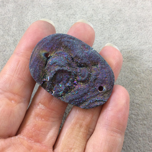 OOAK Rainbow Titanium Freeform Oval Shaped Chalcedony Galaxy Druzy Dual Drilled Connector Slab Bead "G" - Measuring 31mm x 45mm, Approx.