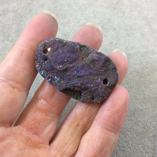 OOAK Rainbow Titanium Freeform Oval Shaped Chalcedony Galaxy Druzy Dual Drilled Connector Slab Bead "R" - Measuring 28mm x 44mm, Approx.