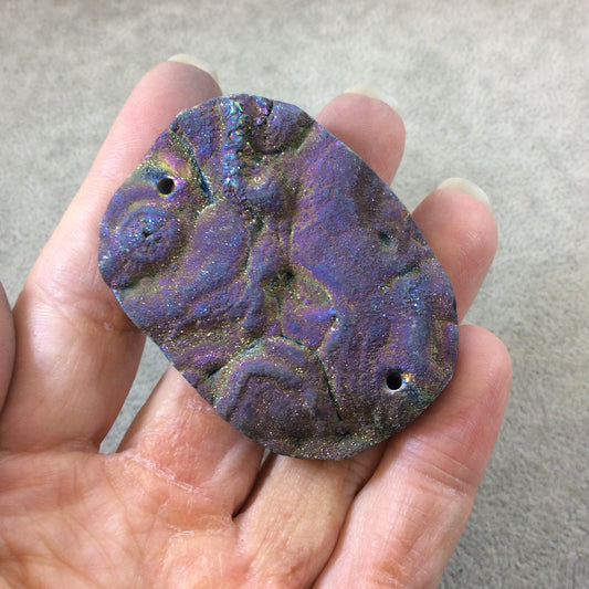 OOAK Rainbow Titanium Freeform Oval Shaped Chalcedony Galaxy Druzy Dual Drilled Connector Slab Bead "MM" - Measuring 41mm x 56mm, Approx.