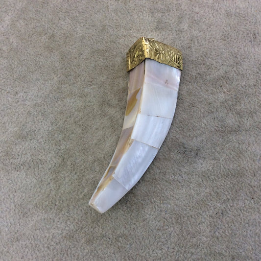 SALE 3" Iridescent White/Off White Triangular Sided Tusk/Claw Shaped Natural Abalone Pendant with Gold Cap - Measuring 25mm x 82mm