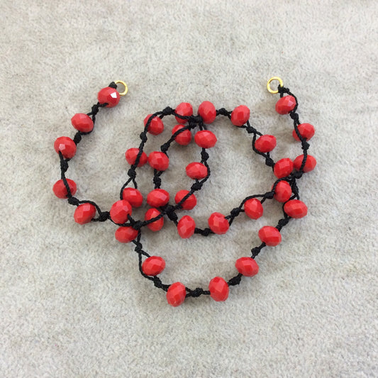 18" Black Thread Necklace Section with 8mm Faceted Glossy Finish Rondelle Shaped Opaque Cadmium Red Chinese Crystal Beads - (18CC-69)