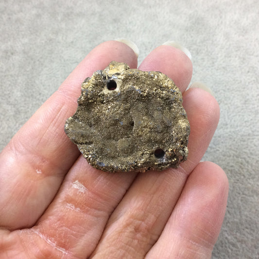 OOAK Metallic Gold Coated Freeform Oval Shaped Chalcedony Galaxy Druzy Dual Drilled Connector Slab Bead "H" - Measuring 33mm x 37mm, Approx.