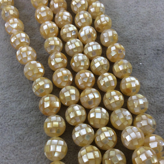 LOOSE BEADS - 10mm Pearly Yellow Natural Mother of Pearl Inlaid Round/Ball Beads with 1mm Holes - Sold in Pre-Packed Bags of 10 Beads