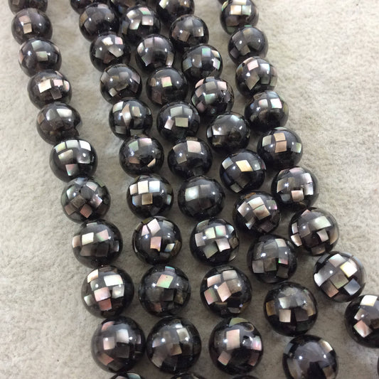 LOOSE BEADS - 10mm Pearly Black/Gray Natural Mother of Pearl Inlaid Round/Ball Beads with 1mm Holes - Sold in Pre-Packed Bags of 10 Beads