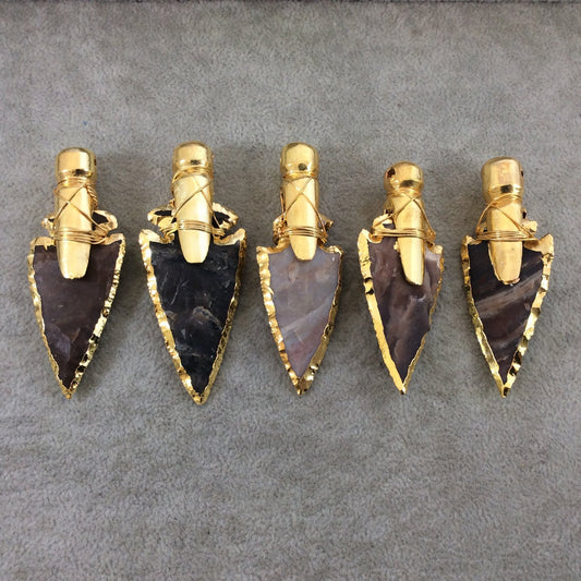 2.25-3" Gold Electroplated Wire-Wrapped Natural Jasper Arrowhead Pendant with Gold Bail - Measuring 65mm-80mm Long - Individual, Random