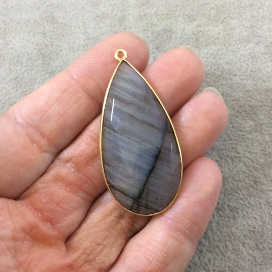 Labradorite Bezel | Single OOAK Gold Plated Faceted Natural Iridescent Teardrop Shaped Flat-Backed Pendant "P1" - Measuring 22mm x 45mm
