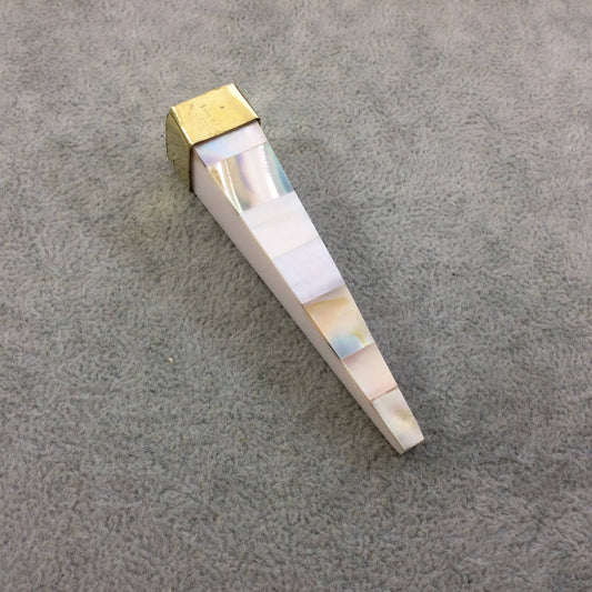 SALE 3" Iridescent White Natural Abalone Shell Inlaid Square Pointed Spike Shaped Pendant with Gold Cap - Measuring 17mm x 80mm