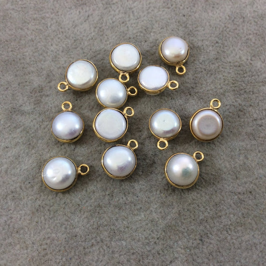 Gold Plated Smooth Natural White Freshwater Pearl Round/Button Shaped Bezel Pendant - Measuring 10-11mm - Sold Individually, Randomly