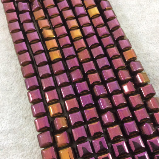 8mm Glossy Finish Faceted Metallic Purple/Gold Coated Hematite Cube Shaped Beads with 1mm Holes - Sold by 16" Strands (Approx. 51 Beads)