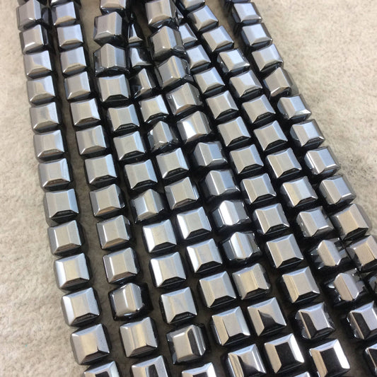 8mm Glossy Finish Faceted Metallic Gunmetal Coated Hematite Cube Shaped Beads with 1mm Holes - Sold by 16" Strands (Approx. 51 Beads)