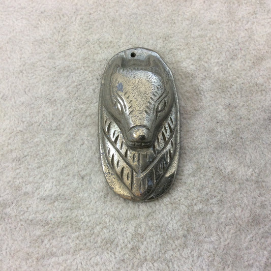 Heavyweight Hand-Carved Fox/Wolf Shaped Natural Pyrite Pendant with 1mm Drilled Hole - Measuring 38mm x 54mm, Approx. - Individual, Random