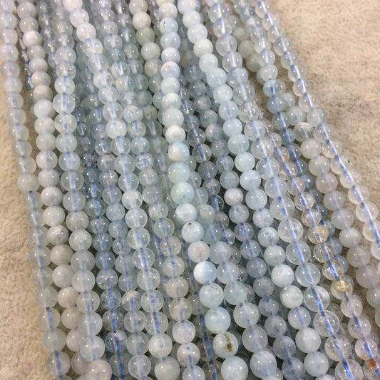 4-5mm Glossy Finish Natural Light Blue Aquamarine Round/Ball Shaped Beads with 1mm Holes - Sold by 15.75" Strands (Approximately 88 Beads)