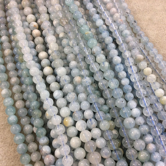 5-6mm Glossy Finish Natural Light Blue Aquamarine Round/Ball Shaped Beads with 1mm Holes - Sold by 15.5" Strands (Approximately 72 Beads)