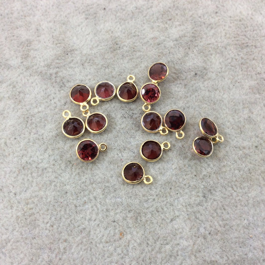 BULK LOT - Pack of Six (6) Gold Vermeil Pointed/Cut Stone Faceted Round/Coin Shaped Deep Red Garnet Bezel Pendants - Measuring 6mm x 6mm