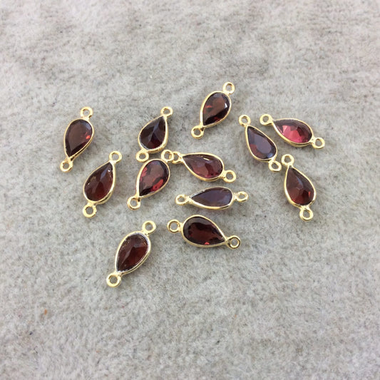 BULK LOT - Pack of Six (6) Gold Vermeil Pointed/Cut Stone Faceted Teardrop Shaped Deep Red Garnet Bezel Connectors - Measuring 5mm x 8mm