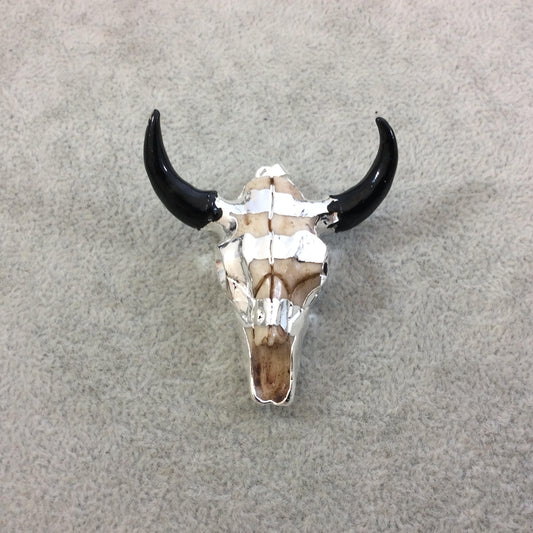 2" Silver Electroplated Striped Face Steer Skull Shaped Resin Pendant with Black Horns - Measuring 48mm x 50mm, Approx. - Sold Individually