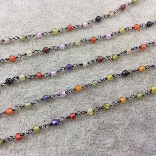 Gunmetal Plated Copper Rosary Chain with 3mm Faceted Multicolor Cubic Zirconia Round/Ball Beads (CH076-GM) - Sold by 1' Cut Sections!
