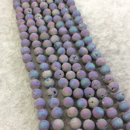 6mm Matte Finish Premium Metallic Rainbow Druzy Agate Round/Ball Shaped Beads with 1mm Holes - Sold by 15.5" Strands (Approx. 66 Beads)