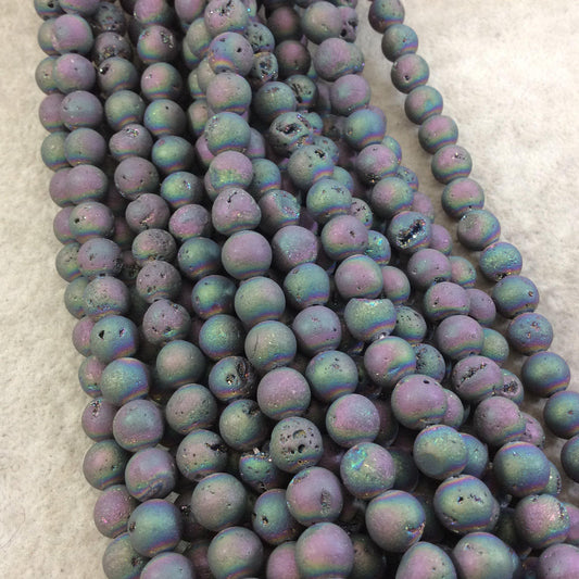 8mm Matte Finish Premium Metallic Rainbow Druzy Agate Round/Ball Shape Beads with 1mm Holes - Sold by 15.5" Strands (Approx. 48 Beads)