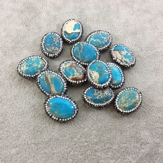 Single Rhinestone Encrusted Turquoise Aqua Terra (Sea Sediment) Jasper Oval Shape Bead - Measuring 17mm x 22mm, Approx. - Individual, RANDOM