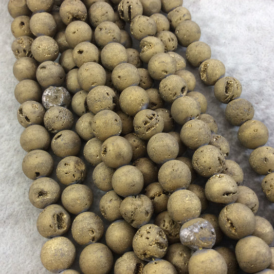 10mm Matte Finish Premium Metallic Gold Druzy Agate Round/Ball Shaped Beads with 1mm Holes - Sold by 15.5" Strands (Approx. 40 Beads)