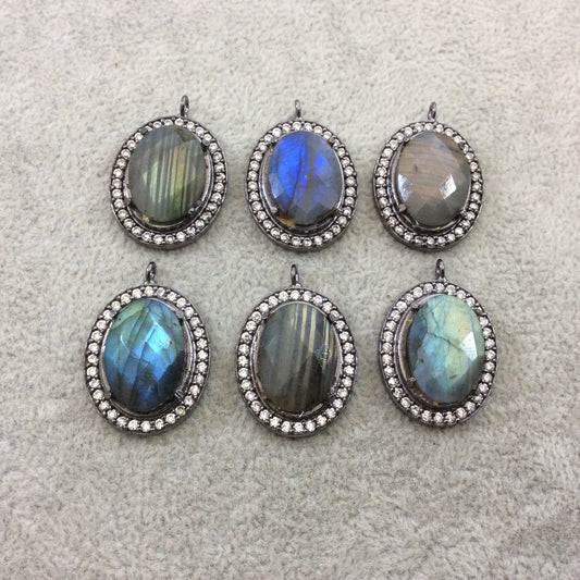 Cubic Zirconia Encrusted Natural Labradorite Faceted Oval Shaped Gunmetal Plated Focal Pendant - Measuring 21mm x 25mm - Individual, Random
