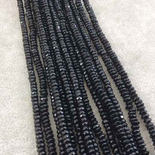 2mm x 4mm Faceted Glossy Finish Natural Jet Black Agate Rondelle Shaped Beads with 1mm Holes - Sold by 15" Strands (Approx. 190 Beads)