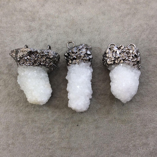Large Gunmetal Electroplated Natural Druzy White Spirit/Cactus Quartz Vertical Cluster Pendant - Measuring 45-55mm Wide - INDIVIDUAL, RANDOM