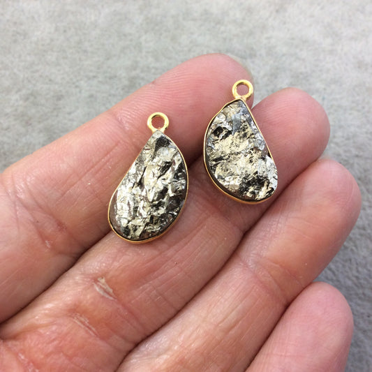 One Pair of OOAK Gold Plated Rough Natural Metallic Pyrite Freeform Shaped Bezel Pendants - Measuring 10mm x 18mm - High Quality Gemstone