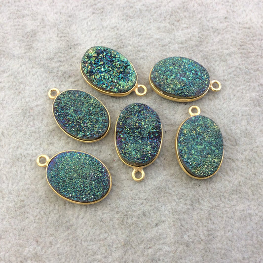 Gold Electroplated Natural Green/Blue Titanium Druzy Agate Oval Shaped Bezel Pendant - Measuring 13mm x 18mm, Approx. - Individual, Random