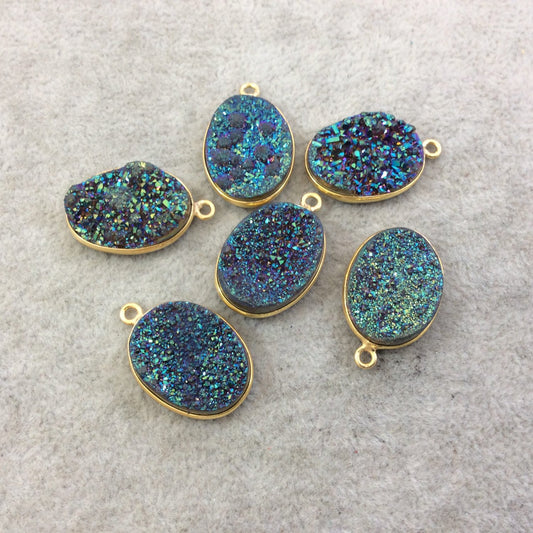 Gold Plated Natural Rainbow Titanium Druzy Agate Oval Shaped Bezel Pendant - Measuring 15mm x 20mm, Approx. - Individual, Random