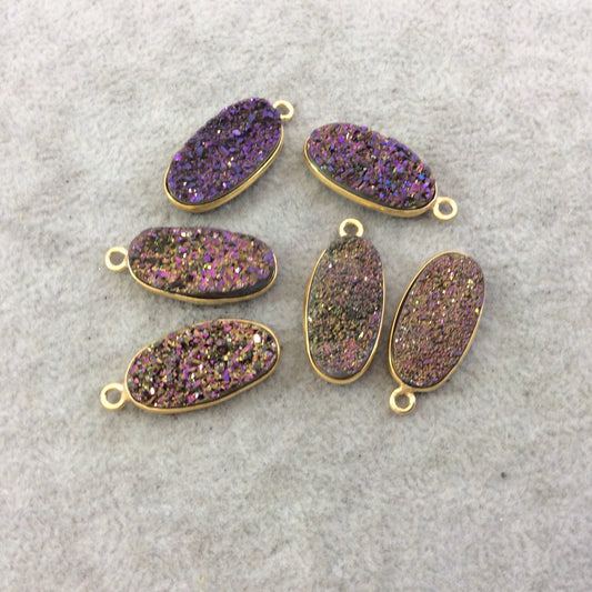 Gold Electroplated Natural Purple/Gold Titanium Druzy Agate Oval Shaped Bezel Pendant - Measuring 10mm x 20mm, Approx. - Individual, Random