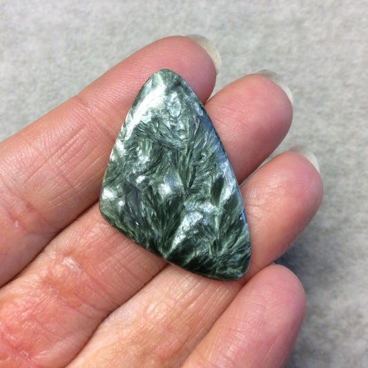 OOAK Natural Green Seraphinite Freeform Sail Shaped Flat Back Cabochon - Measuring 25mm x 40mm, 4.5mm Dome Height - Gemstone Cab