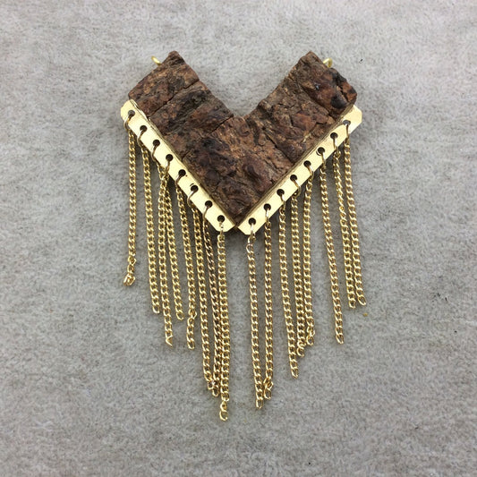 2.5" Flat Chevron Arrow Shaped Natural Brown Wood/Bark Pendant with Gold Plated Chains - Measuring 63mm x 53mm, Approx.