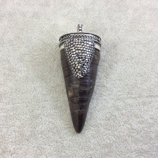 Rhinestone Encrusted Flat Back Cone/Tusk Shaped Resin Pendant with Silver Cap - Measuring 28mm x 62mm, Approx. - Sold Individually