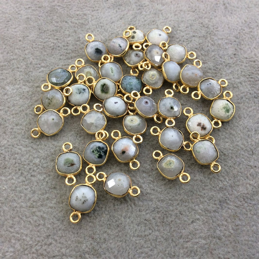Gold Plated Faceted Natural White/Green Solar Quartz Square Shaped Bezel Connector - Measuring 8mm x 8mm - Sold Individually, RANDOM