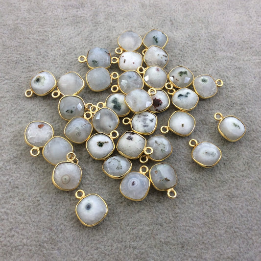 Gold Plated Faceted Natural White/Green Solar Quartz Square Shaped Bezel Pendant - Measuring 10mm x 10mm - Sold Individually, RANDOM