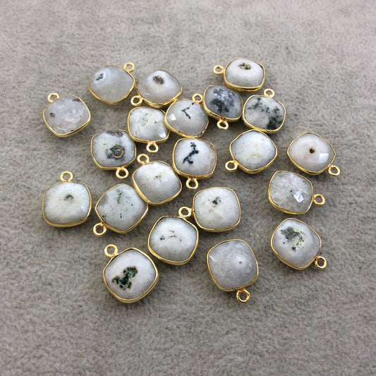 Gold Plated Faceted Natural White/Green Solar Quartz Square Shaped Bezel Pendant - Measuring 12mm x 12mm - Sold Individually, RANDOM