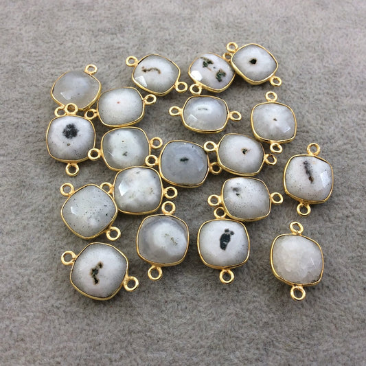 Gold Plated Faceted Natural White/Green Solar Quartz Square Shaped Bezel Connector - Measuring 12mm x 12mm - Sold Individually, RANDOM