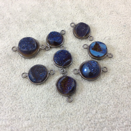 Gunmetal Plated Deep Blue Titanium Druzy Agate Freeform Round Shaped Bezel Connector - Measuring 12-14mm, Approx. - Individual, Random
