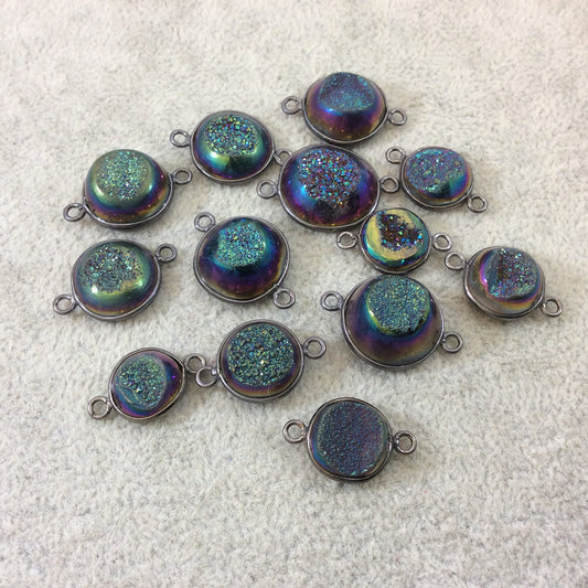 Gunmetal Plated Rainbow Titanium Druzy Agate Freeform Round Shaped Bezel Connector - Measuring 12-14mm, Approx. - Individual, Random