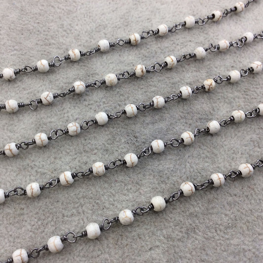 Gunmetal Plated Copper Wrapped Rosary Chain with 4mm Smooth Natural Veined Howlite Round Shaped Beads - Sold by 1' Cut Sections or in Bulk!